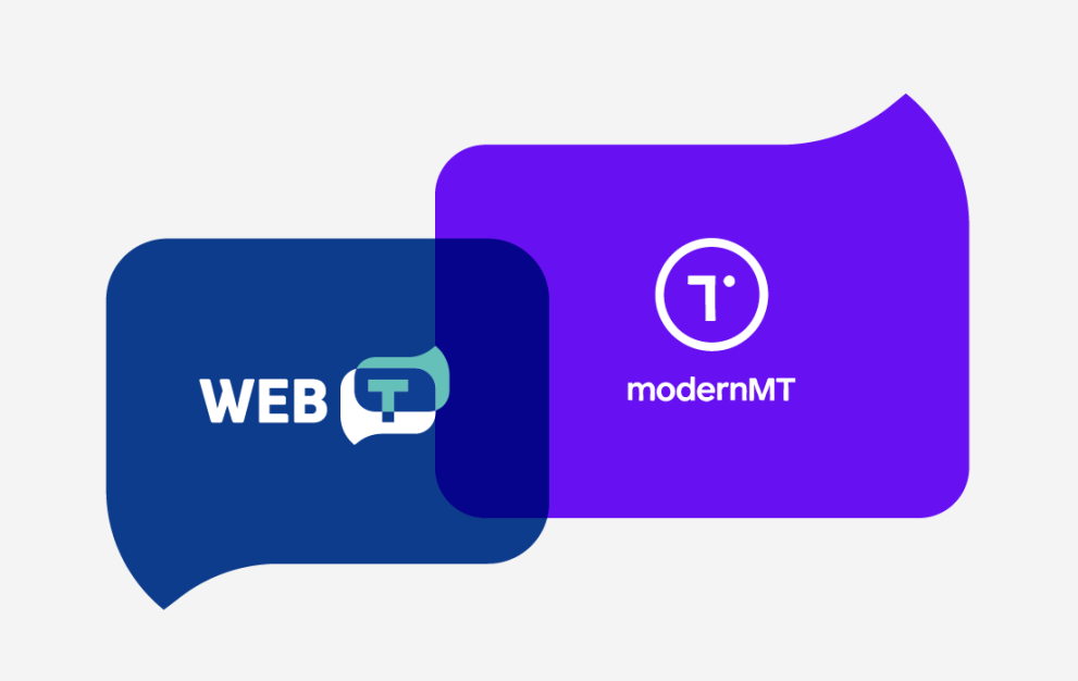 Logos of WEB-T and ModernMT overlapping in speech bubble shapes, with WEB-T in blue and ModernMT in purple.