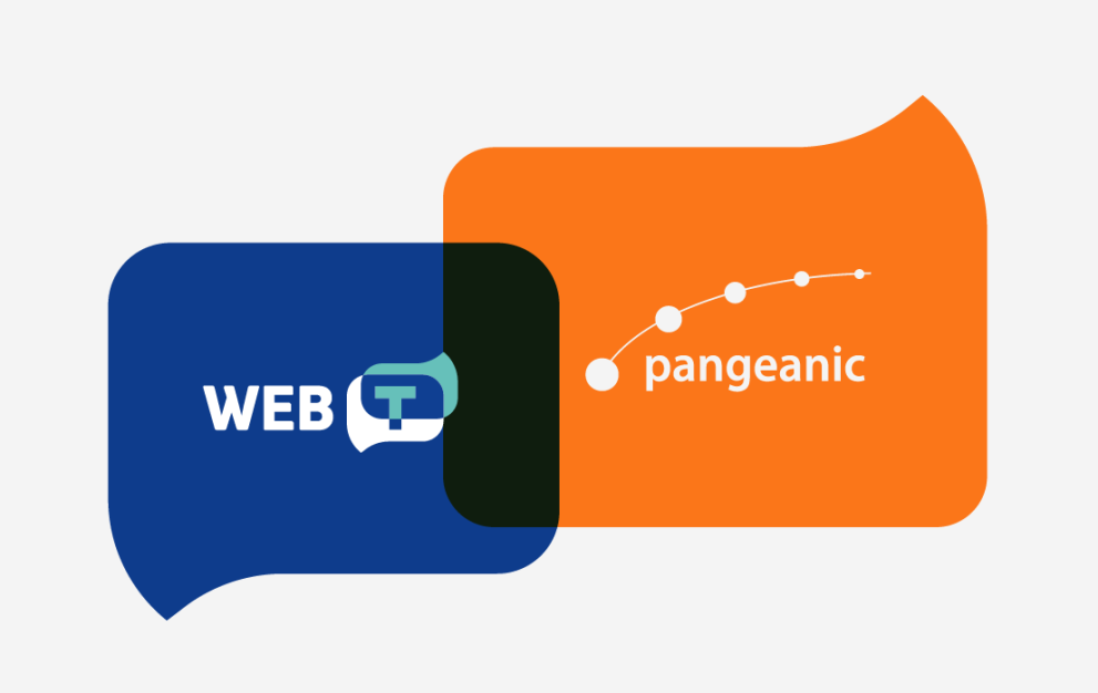 Logos of WEB-T and Pangeanic overlapping in speech bubble shapes, with WEB-T in blue and Pangeanic in orange.
