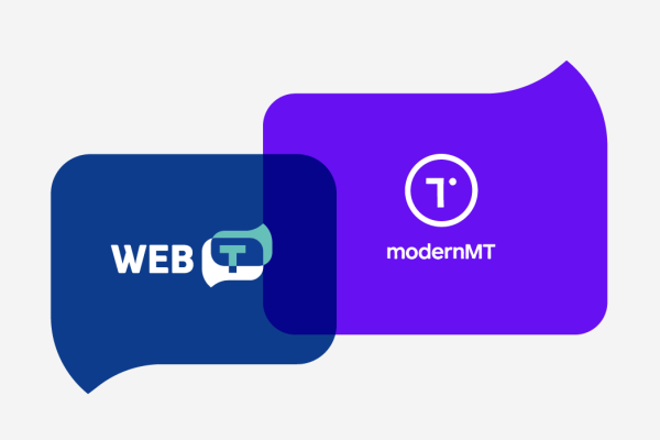 Logos of WEB-T and ModernMT overlapping in speech bubble shapes, with WEB-T in blue and ModernMT in purple.