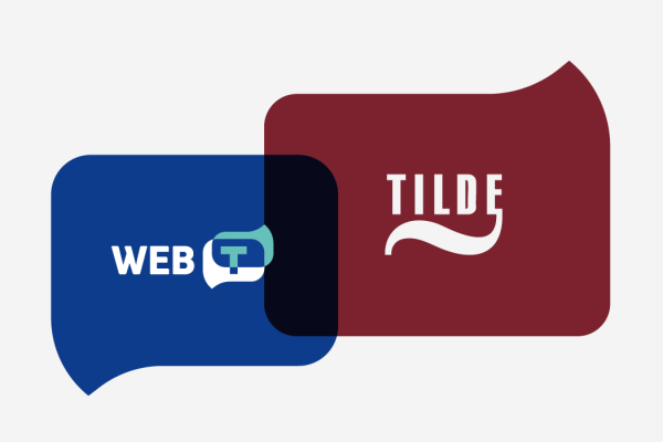 Logos of WEB-T and Tilde overlapping in speech bubble shapes, with WEB-T in blue and Tilde in maroon.